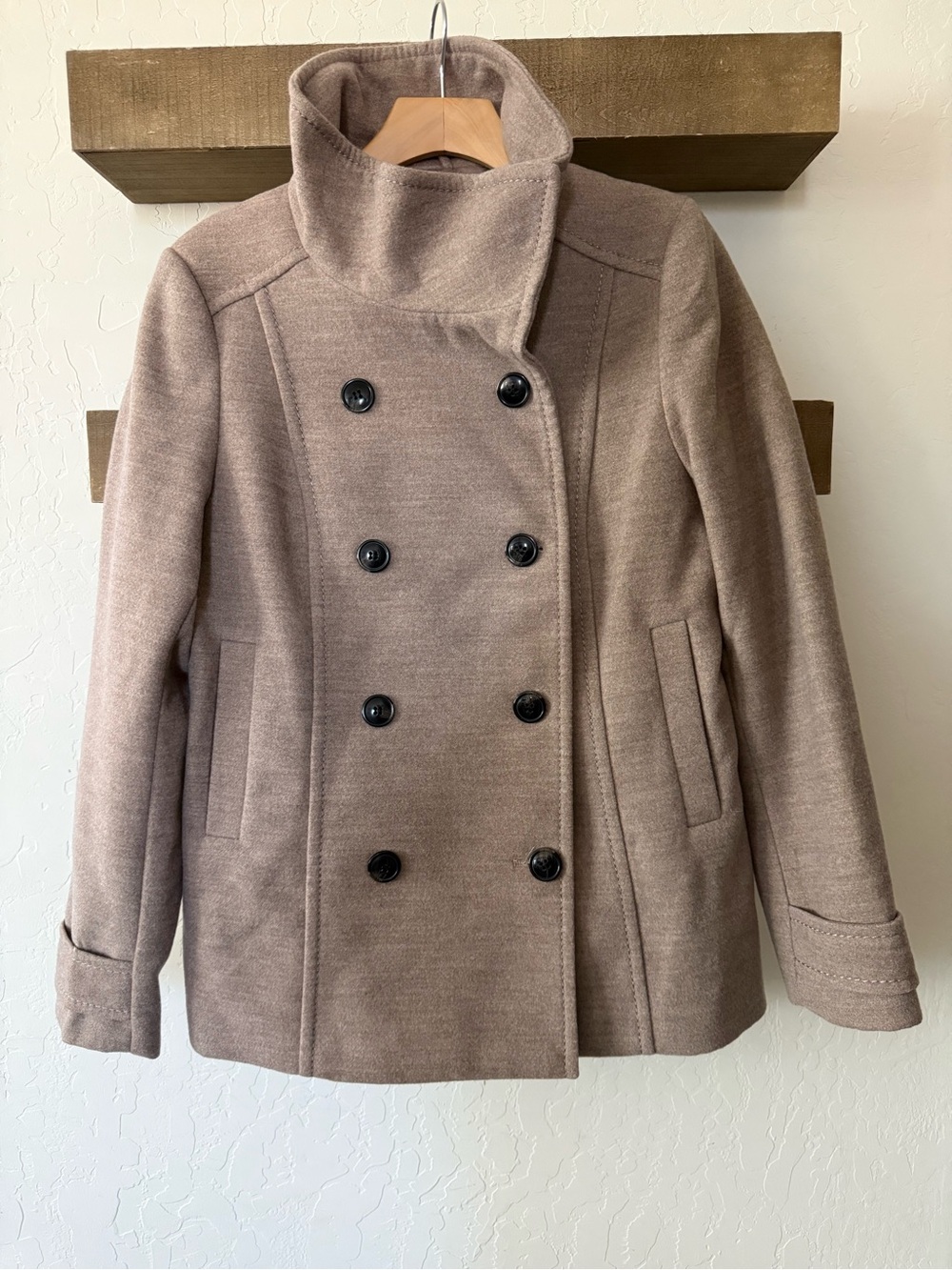 H&M|Double-Breasted Taupe Tan Coat,size 14•••Winter Staple,high funnel collar